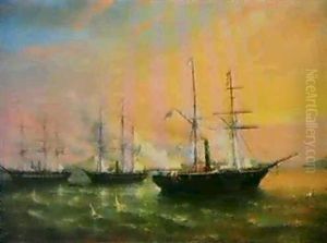 Bombardment Between British Men-of-war And Shore Fortifications by William Adolphus Knell
