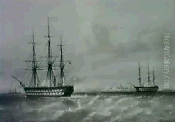 British Men Of War Firing At Shore Fortification - view 1