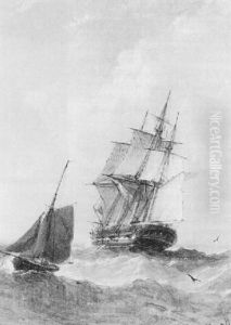 A Man-o'-war And A Fishing Boat Off A Coastline by William Adolphus Knell
