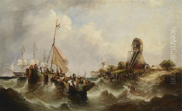 A Coastal Scene With Figures Fishing In The Foreground And A Frigate Beyond - view 1