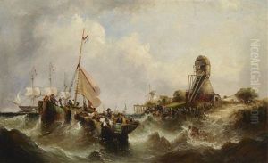 A Coastal Scene With Figures Fishing In The Foreground And A Frigate Beyond