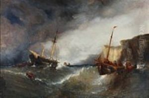 Life Boats By A Grounded Ship At High Seas