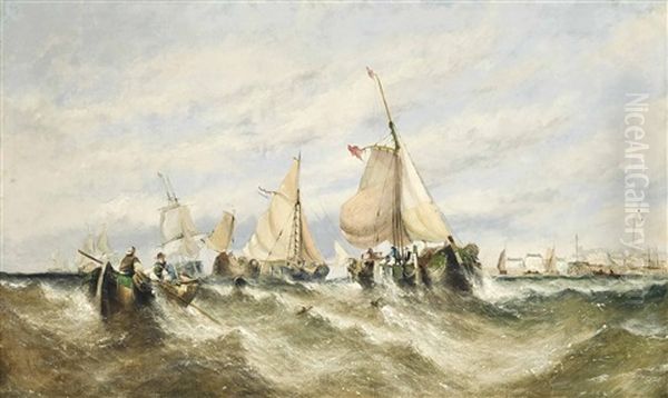 Fishing Boats At The Mouth Of A Harbour With Fishermen Dragging In Their Nets - view 1