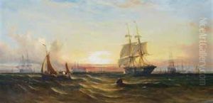 Sunset - A Line Of Battleships At Anchor Of Portsmouth; Evening - A Schooner Brig Running Before The Wind In The Downs (pair)