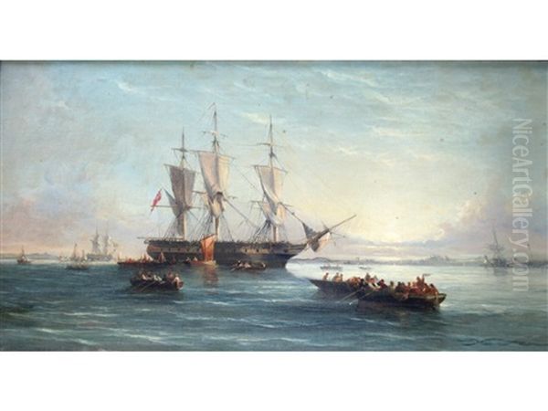 A Three-masted Barque With Other Vessels At Sunset - view 1