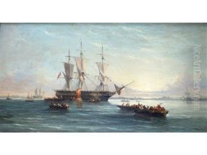 A Three-masted Barque With Other Vessels At Sunset