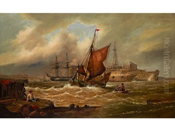 Prison Hulks Moored In The Solent With Fishing Craft Approaching To Land Their Catch - view 1