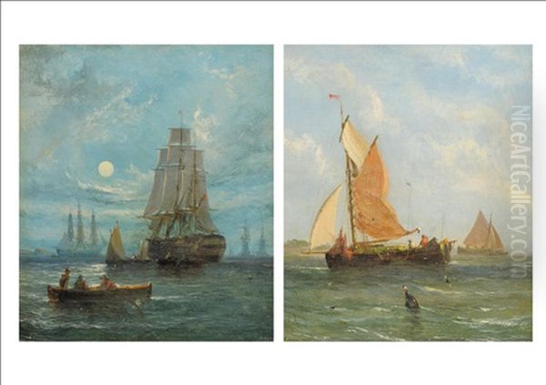 Fishing Vessels (+ Figures In A Row Boat Amongst Galleons; Pair) - view 1
