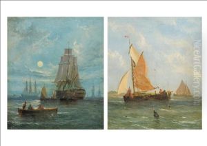 Fishing Vessels (+ Figures In A Row Boat Amongst Galleons; Pair) by William Callcott Knell