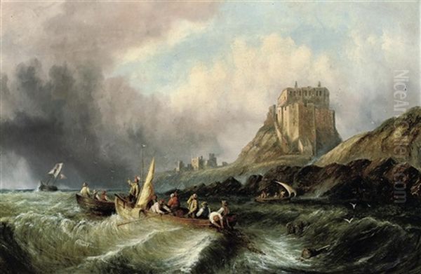 Fishermen Hauling In Their Catch In A Heavy Swell Below Lindisfarne Castle, Holy Island - view 1