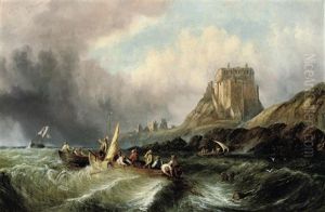 Fishermen Hauling In Their Catch In A Heavy Swell Below Lindisfarne Castle, Holy Island