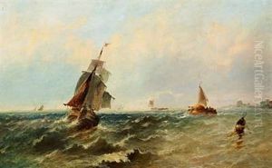 Seascape With Fishing Boats In Stormy Weather Off The Coast