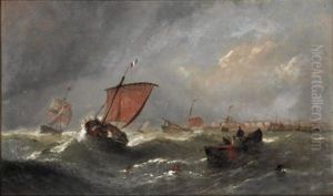 Lug Sail Returning Into Port (+ Fishing Boats In The Channel; Pair) by William Callcott Knell