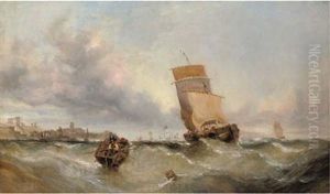 A Boulogne Lugger Caught In A Swell Off A French Channel Port by William Callcott Knell