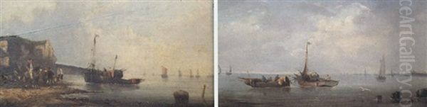 Fishing Boats In A Calm Sea Off A Harbour - view 1