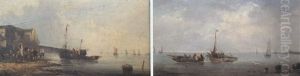Fishing Boats In A Calm Sea Off A Harbour by William Callcott Knell