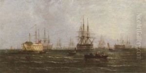 The Fleet Anchorage At The Nore With The Flagship Signalling Other Ships by William Callcott Knell