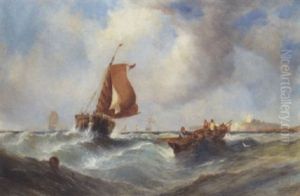 Fishing Boats In Close Quarters Off The Coast by William Callcott Knell