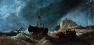 Fishermen Dragging In Their Nets With A Dismasted Hulk Beyond by William Callcott Knell