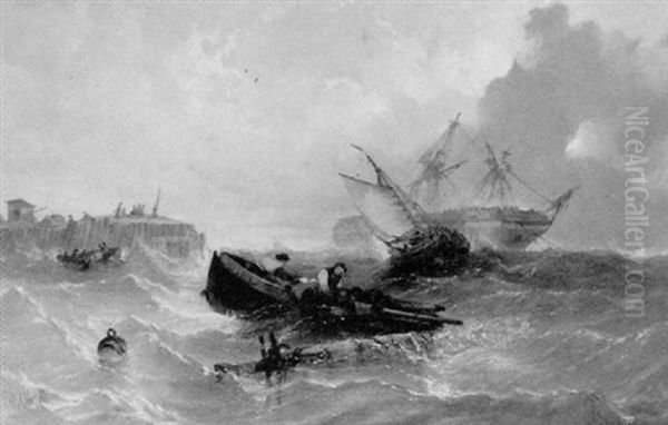 The Rescue: A Two-master Heeling Over Off A Headland, Fishing Vessels Picking Up Survivors - view 1