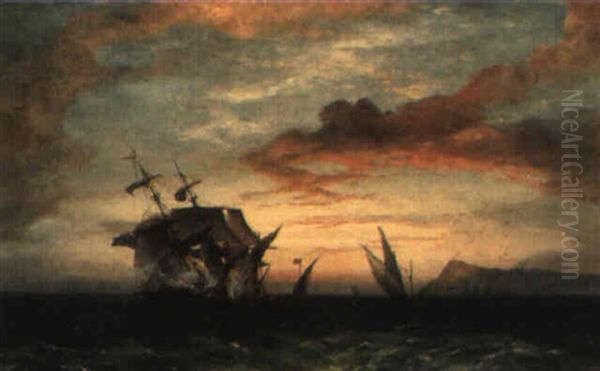 A Twilight Scene With A Pirate Attacking A Brig - view 1