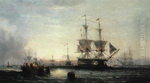Evening In The Downs - Men Of War At Anchor by William Callcott Knell