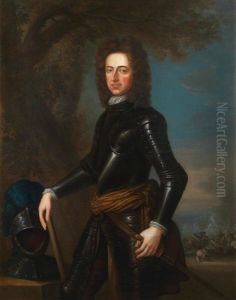 Portrait Of King William Iii, Three-quarter-length, In Armour, Standing Before A Cavalry Skirmish