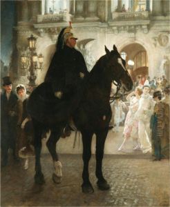 "masquerade" Outside The Grand Opera House, Paris, In Carnival Time, Maskers Coming Out From A Ball From The Inside by James Prinsep Barnes Beadle
