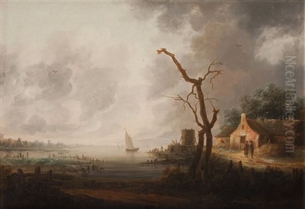 A Ship By The Coast And Figures Outside A Building - view 1