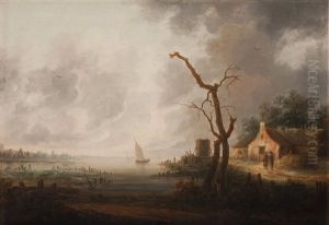 A Ship By The Coast And Figures Outside A Building by Francois Van Knibbergen