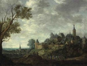 An Extensive Landscape With A Walled City And Travelers