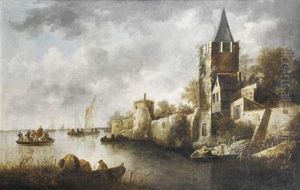 Vue D'un Village Fortifie Au Bord D'une Riviere