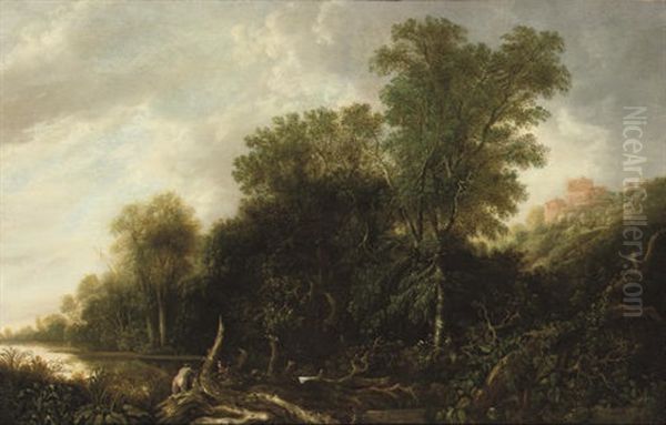 A Wooded Landscape With Nymphs Bathing In A River - view 1