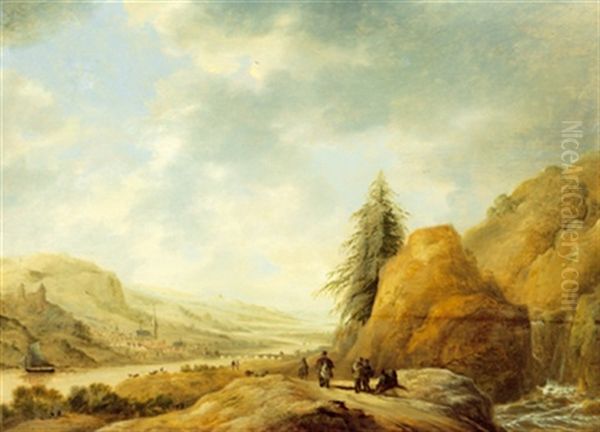 Weite Gebirgige Flusslandschaft Mit Figuren - view 1