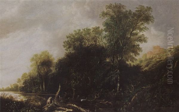 A Wooded River Landscape With Women Bathing, A View Of Classical Houses On A Hill In The Background - view 1