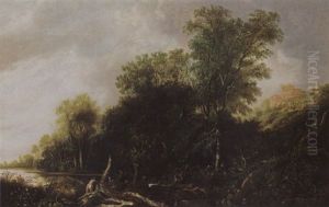 A Wooded River Landscape With Women Bathing, A View Of Classical Houses On A Hill In The Background A Wooded River Landscape With Women Bathing, A View Of Classical Houses On A Hill In The Background