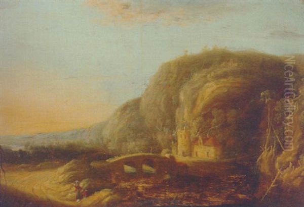 Travellers On A Road By A River In A Mountainous Landscape, At Sunset - view 1