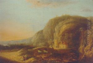 Travellers On A Road By A River In A Mountainous Landscape, At Sunset by Francois Van Knibbergen