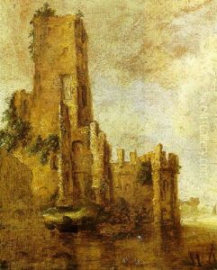 A River Landscape With A Figure In A Boat Before A Ruined Tower by Francois Van Knibbergen