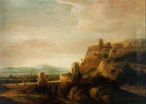 Peasants On A Path By A Ruined Bridge, A Village On A Hilltop Overlooking A Valley Beyond by Francois Van Knibbergen