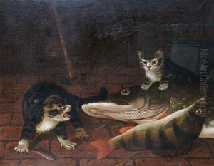 In The Pantry - Two Cats With A Pike And Perch by A. Roland Knight