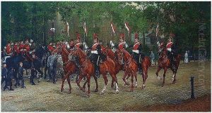Carry Lance, Eyes Right, A Mounted Section Of The 12th Lancers Saluting The Band Of The 2nd Lifeguards