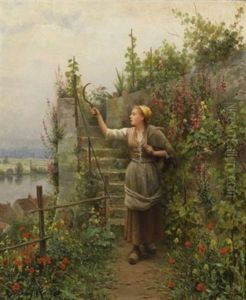 In The Garden - A Young Woman With A Scythe by Daniel Ridgway Knight