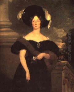Portrait Of Mrs. Garratt, Standing, Three Quarter Length, By A Balustrade And Wearing A Hat Adorned With Feathers...