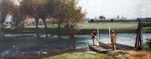 Christchurch Meadow, Oxford, With Figures On A Punt