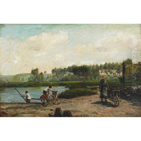 Young Workers Making Mud Bricks At River - view 1