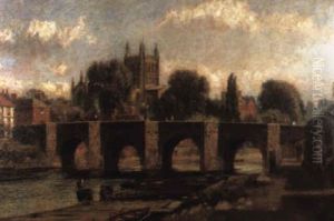 A View Of Hereford Cathedral With A Bridge Over The Wye A View Of Hereford Cathedral With A Bridge Over The Wye