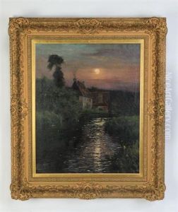 Moonlit Lake W/house by Louis Aston Knight