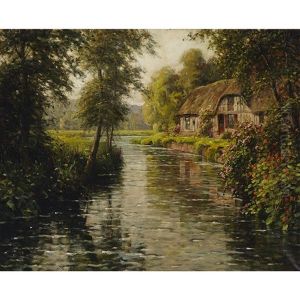 Cottage In Bloom On A River Bank In Normandy by Louis Aston Knight
