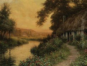 Thatched Cottage By A Winding Stream by Louis Aston Knight